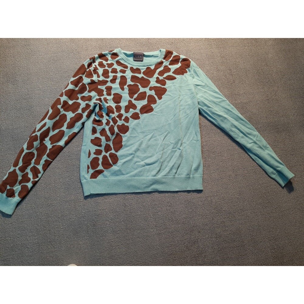 LBH Womens Sweater Small S Blue Giraffe Pattern Knit long sleeve